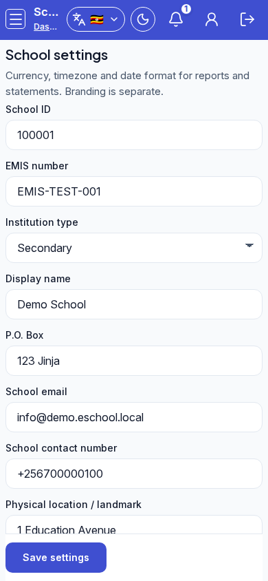 School settings mobile