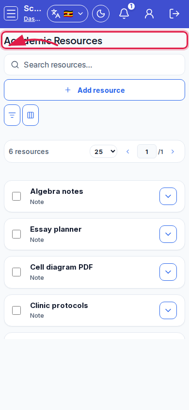 Academic Resources step 1 mobile