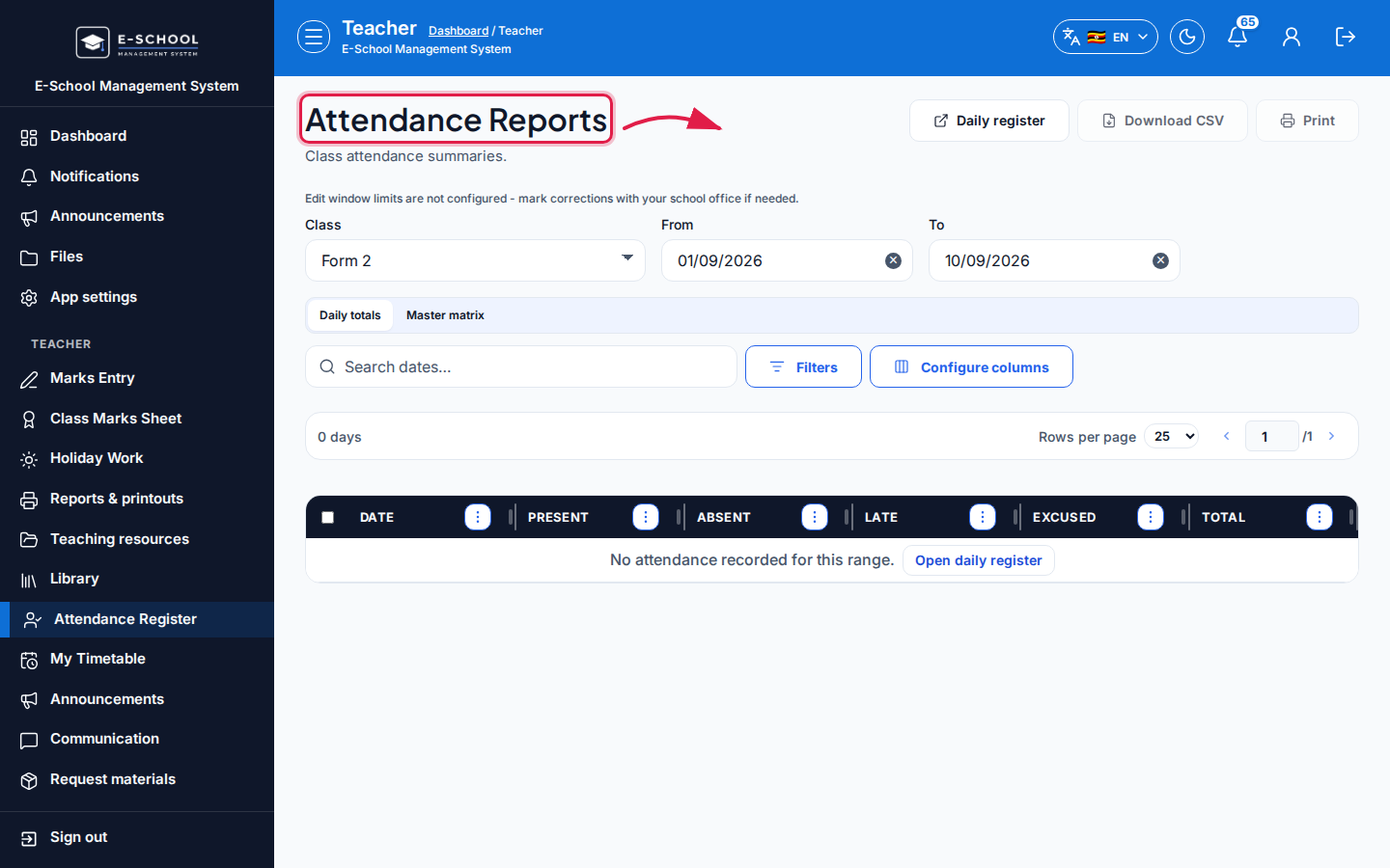 Attendance Reports step 1 desktop