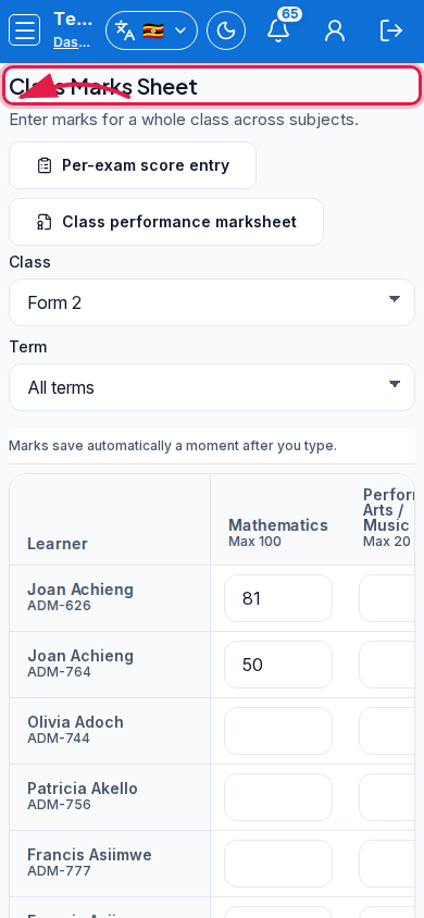 Class Marks Sheet step 3 mobile